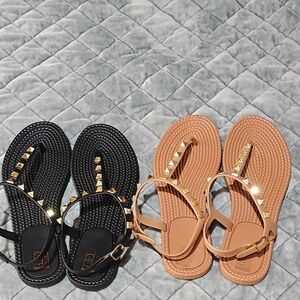 Black and Tan Sandals with Gold Studs